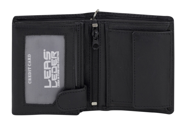 EAS Biker Mini Geldbörse mit Riegel und Kette extra dünn im Hochformat, flaches Portemonnaie mit RFID Schutz Folie mit Geschenk Box Echt-Leder, schwarz